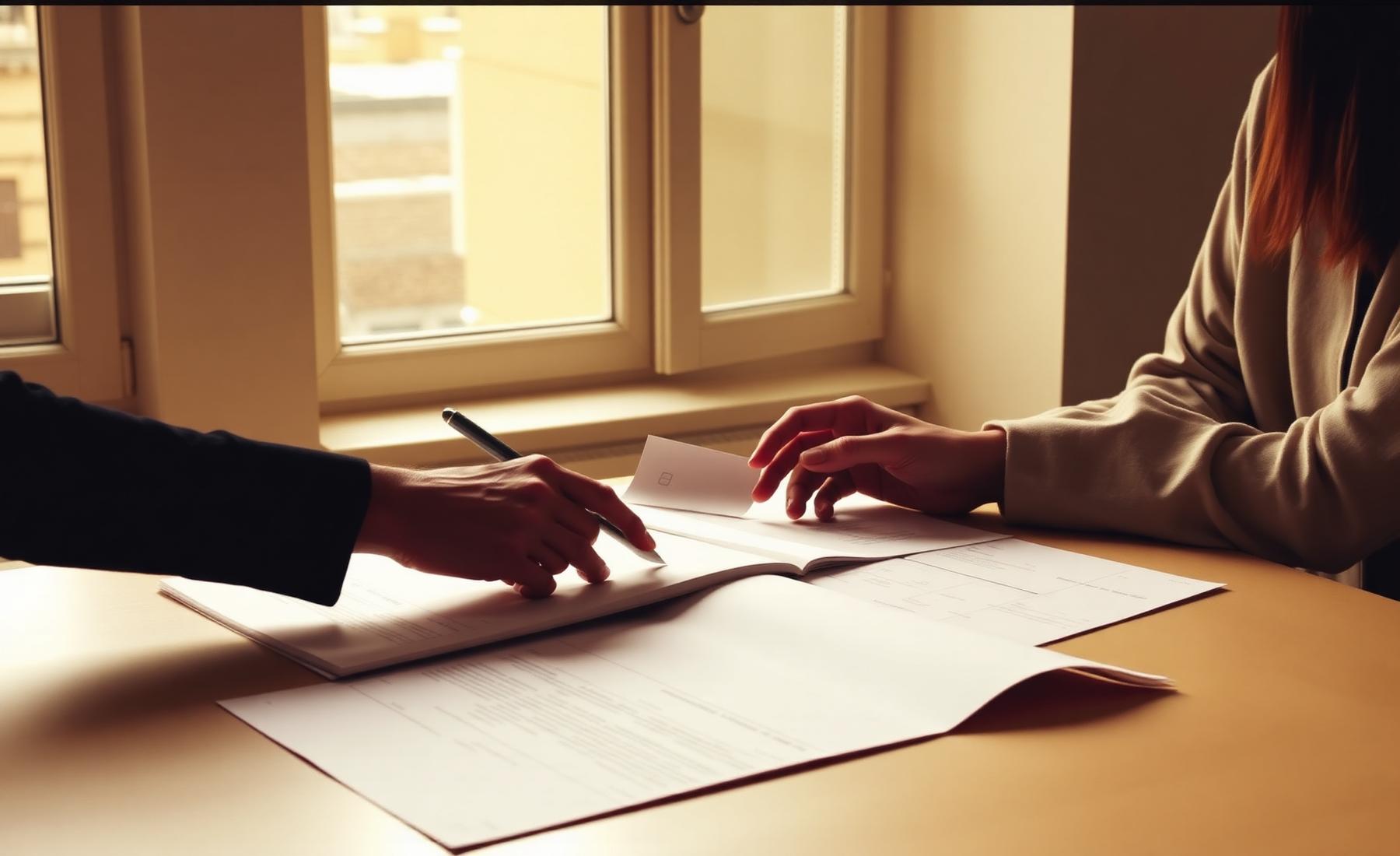 Hands reviewing printed brand strategy documents at a studio table