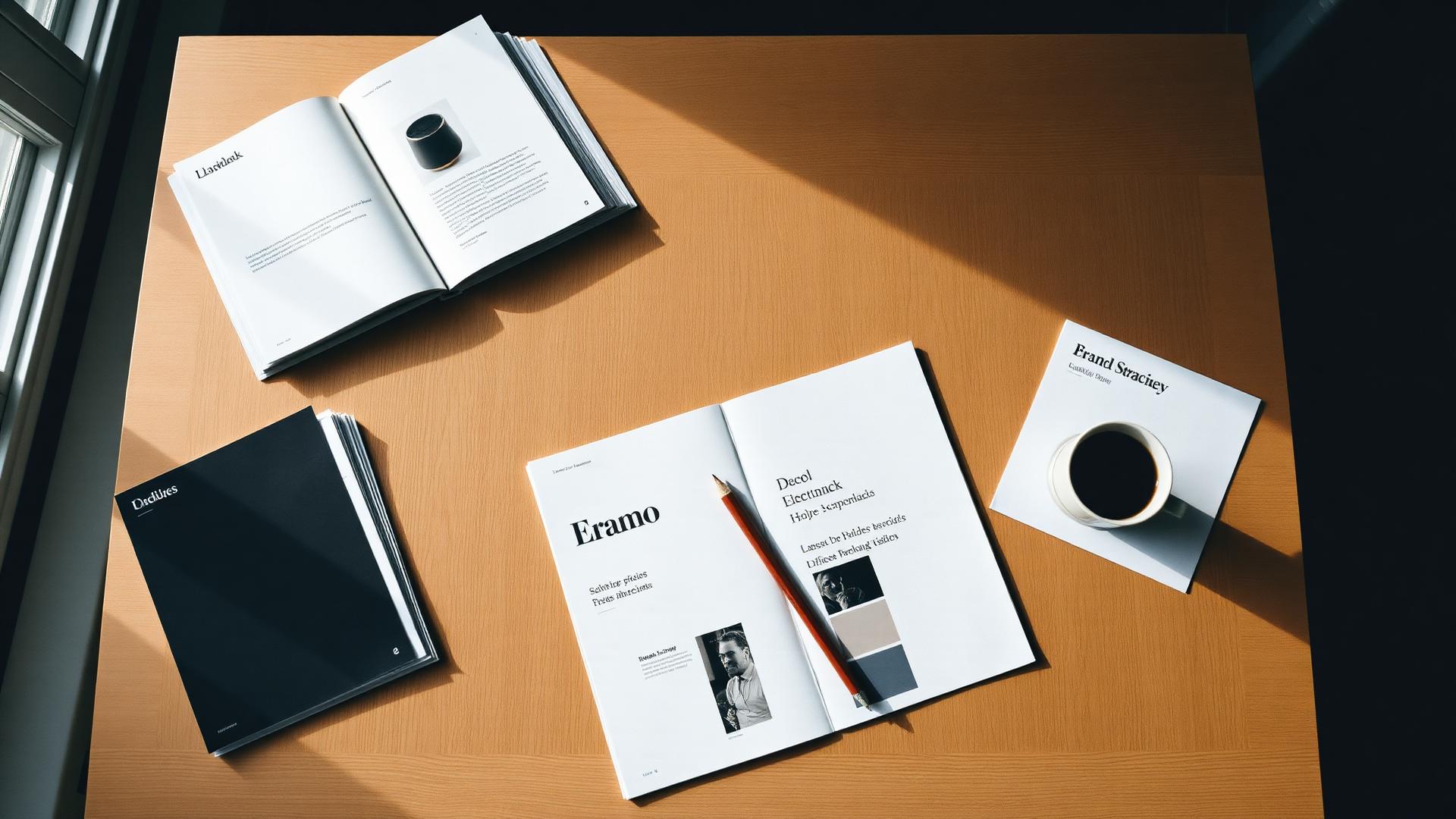 Printed brand identity materials laid out on a studio table