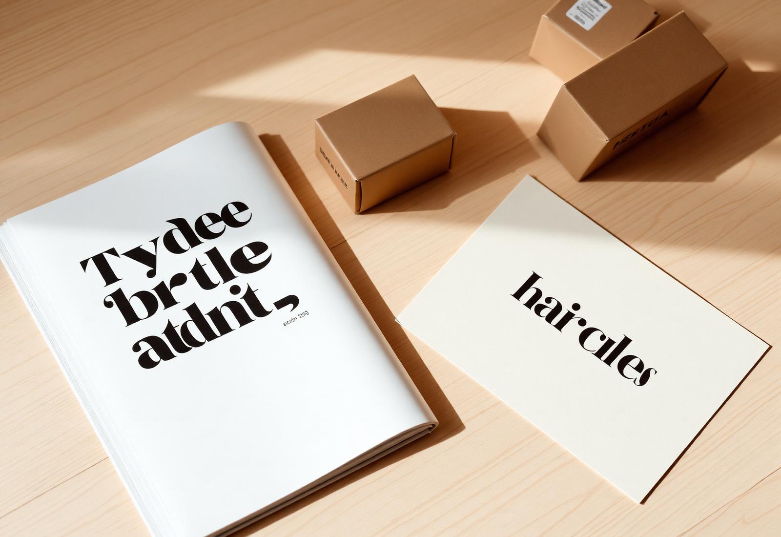 Brand identity work in progress. Type specimen and packaging on a studio table