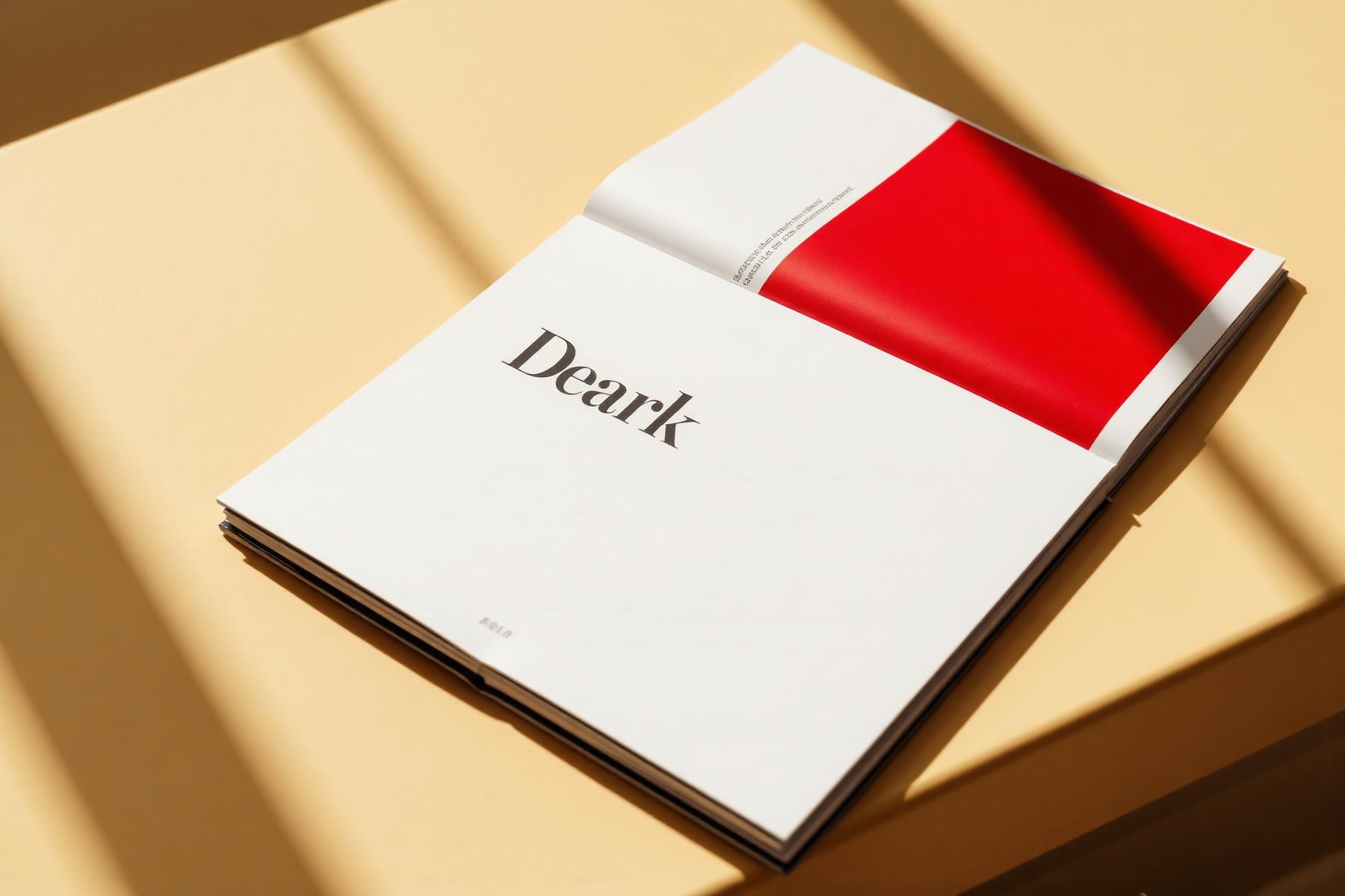 Printed brand book spread with serif typography and a red color block